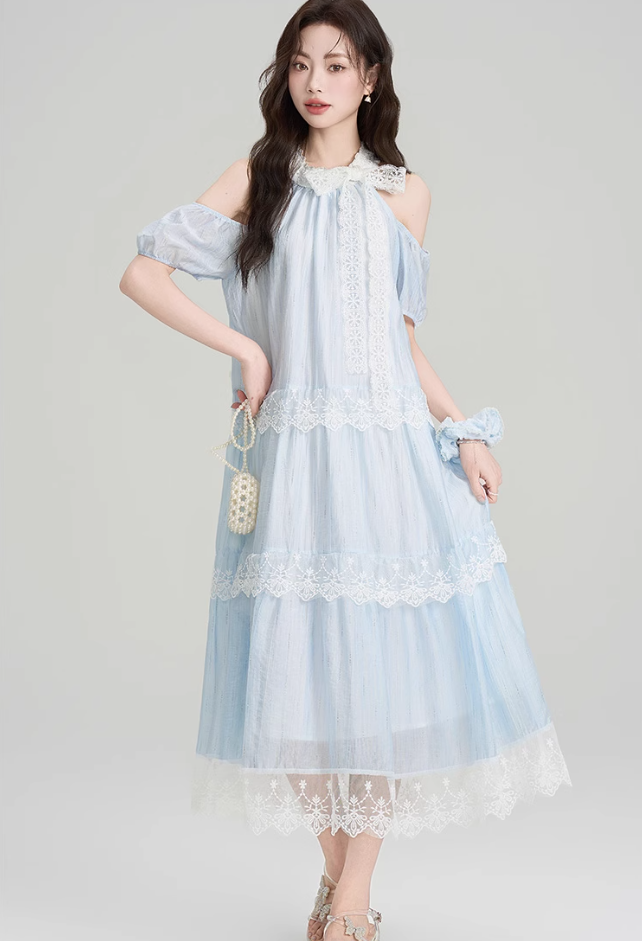 French design lace halter dress holiday style beautiful off-shoulder long dress R2399