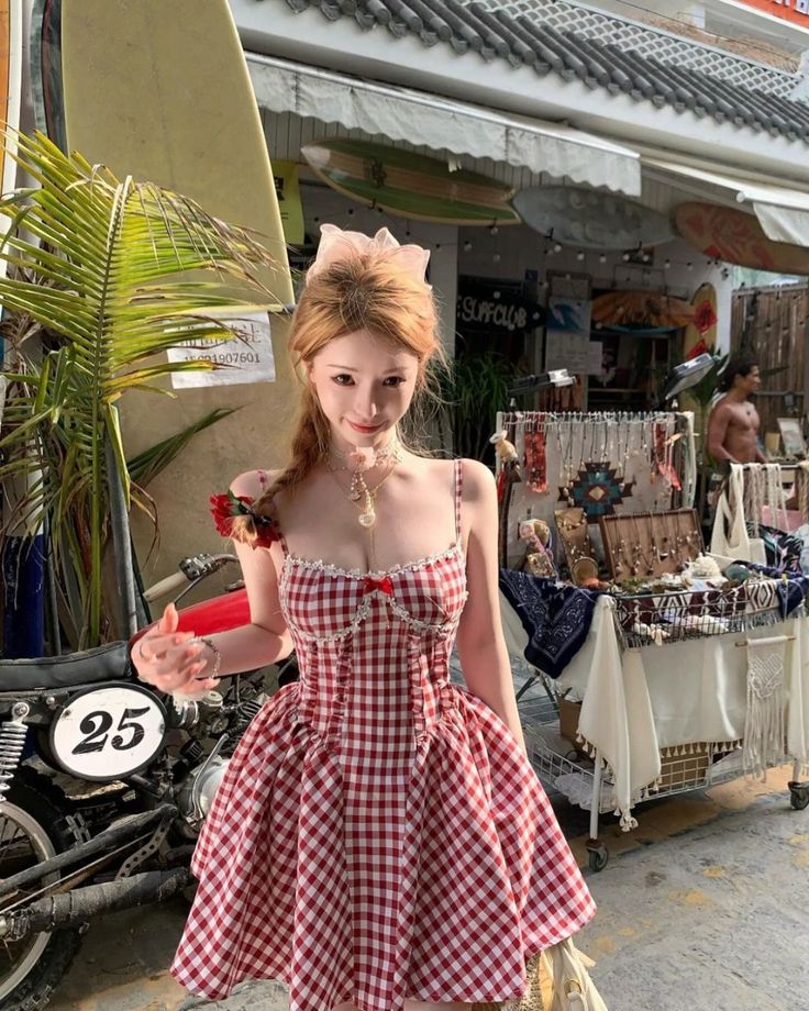Red and white checkered suspenders slim waist slim fit puffy princess skirt homecoming dress R3933