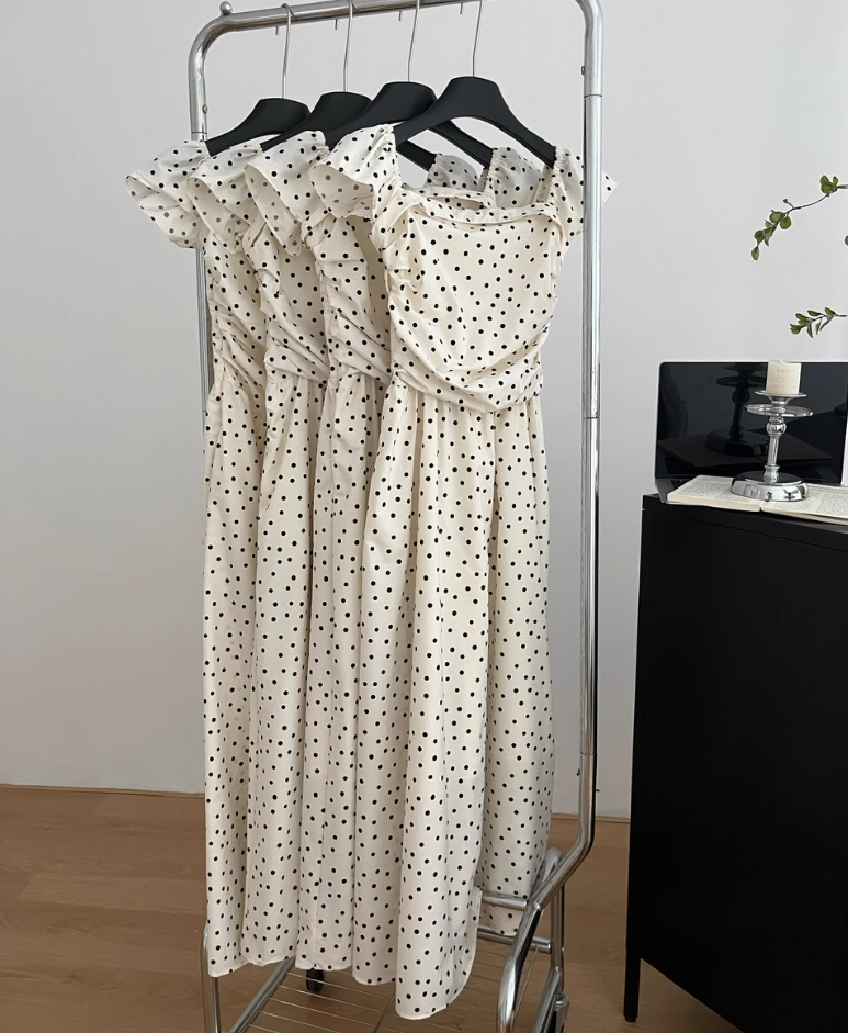 French style small flying sleeve polka dot dress temperament slim long skirt design R2052
