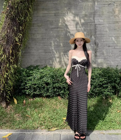 Temperament lace polka dot one-shoulder tube top dress with slim waist and hip-hugging long skirt R0581
