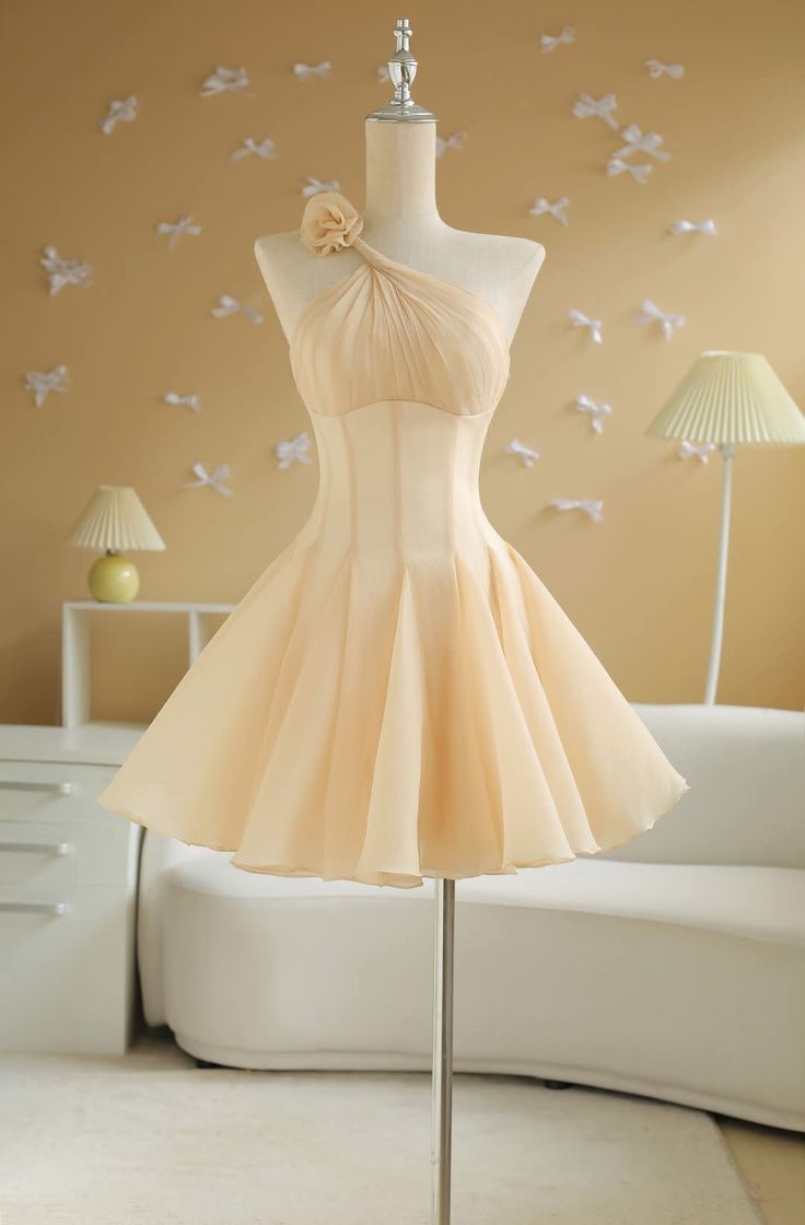 Light yellow irregular neckline slim fit princess dress homecoming dress R2572