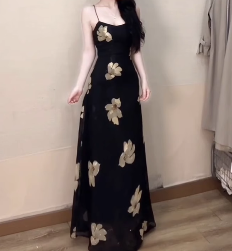 Large size French sexy printed suspender dress with waist and beautiful slim long skirt R1849