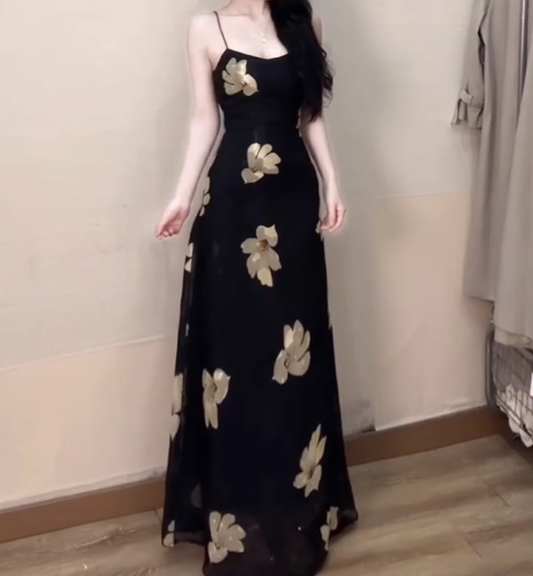 Large size French sexy printed suspender dress with waist and beautiful slim long skirt R1849