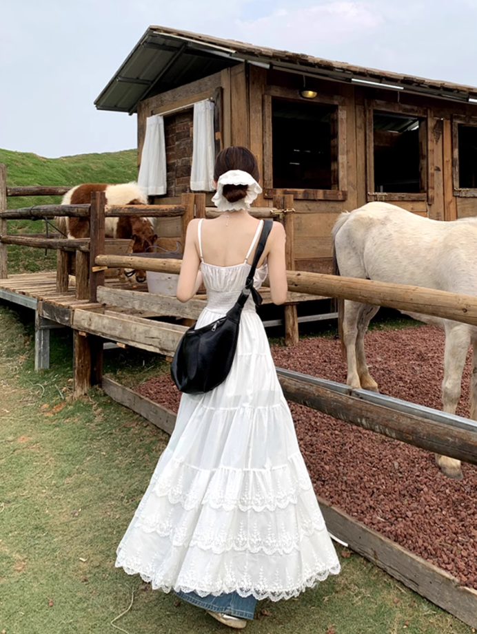 Fairy white Dingdal skirt waist skirt lace splicing slit suspender dress R1755