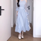 Blue off-shoulder halter neck dress gentle temperament beautiful dress R0741