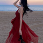 Fairy dress red beach dress vacation travel wear high waist irregular suspender skirt R1581