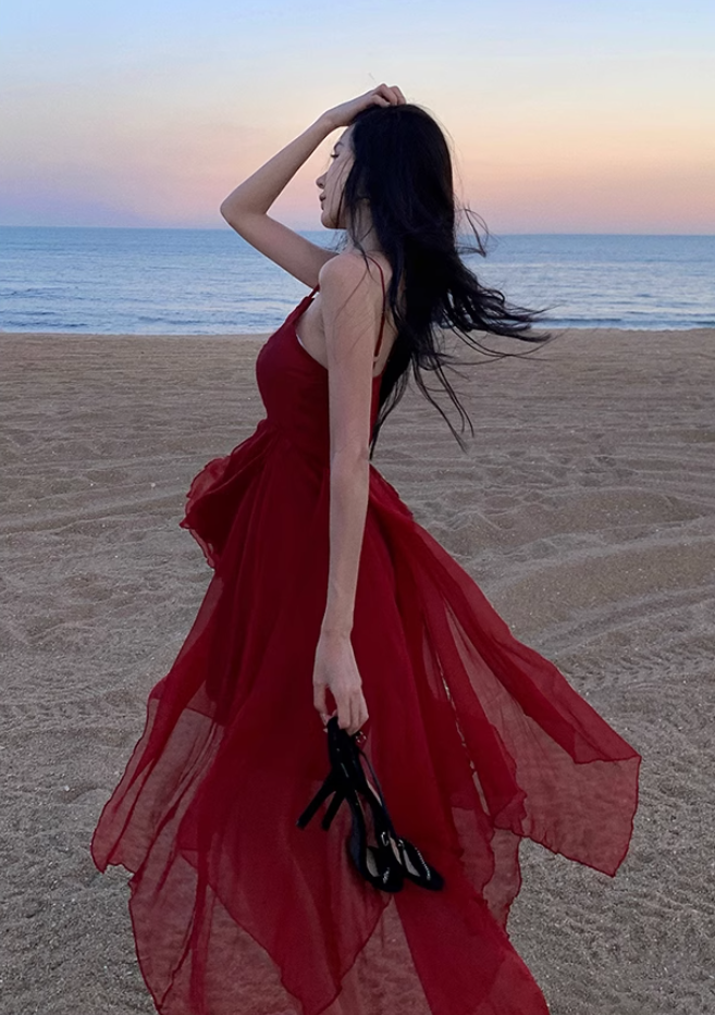 Fairy dress red beach dress vacation travel wear high waist irregular suspender skirt R1581