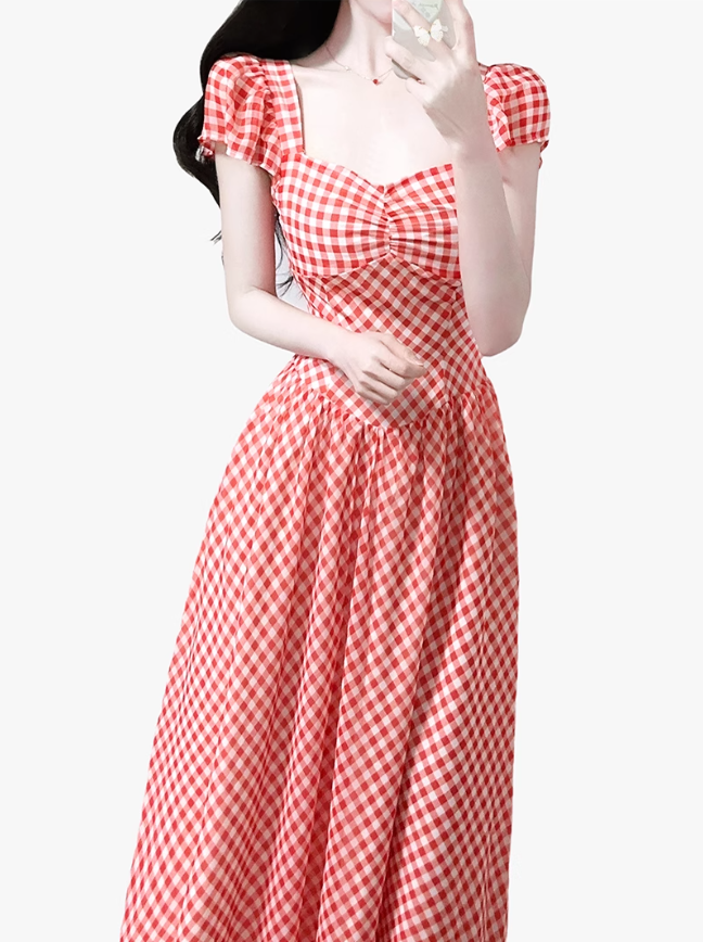 2025 Summer New Red Plaid Square Neck French Short Sleeve High Waist Long Dress R0943