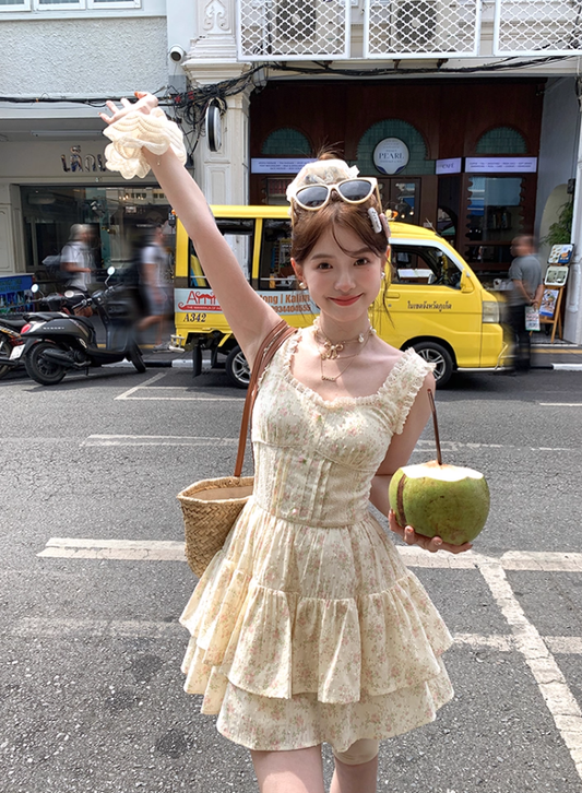 Women's romantic floral suspender dress sweet skirt R4948