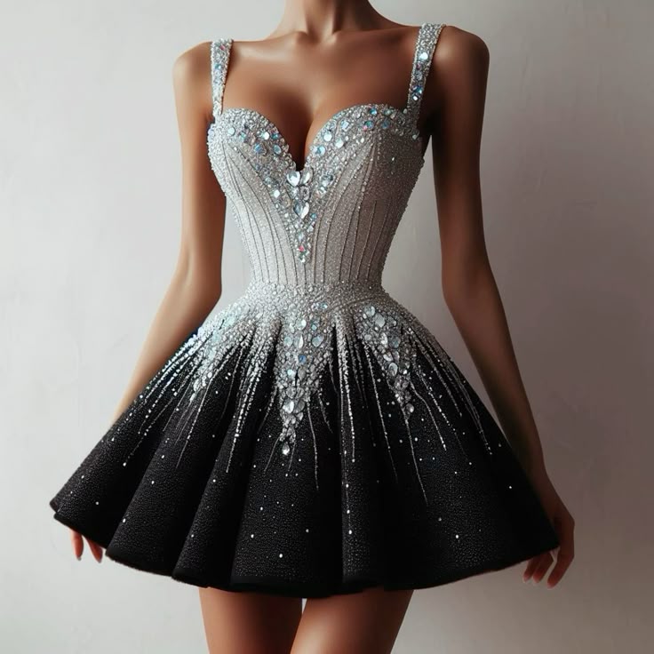 Black and white strappy diamond-studded sexy slim A-line tutu skirt homecoming dress R2471