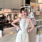 Solid color halter neck sleeveless waist dress summer French temperament retro skirt R4703