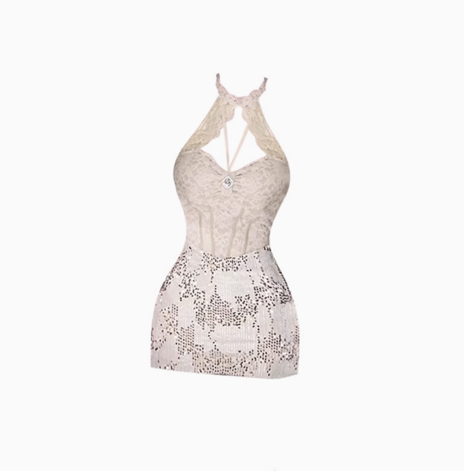 2025 Lace Sleeveless Halter Neck Dress with Waist Sequin Hip Short Skirt R1150