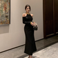 Hepburn style French black dress high-end niche temperament heavy work halter neck dress R1782