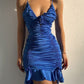 Dark blue suspender V-neck sexy pleated hip-wrapped ruffled short skirt homecoming dress R3188