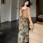 French style retro green printed dress with slim waist and suspenders long dress with lace cardigan R1695