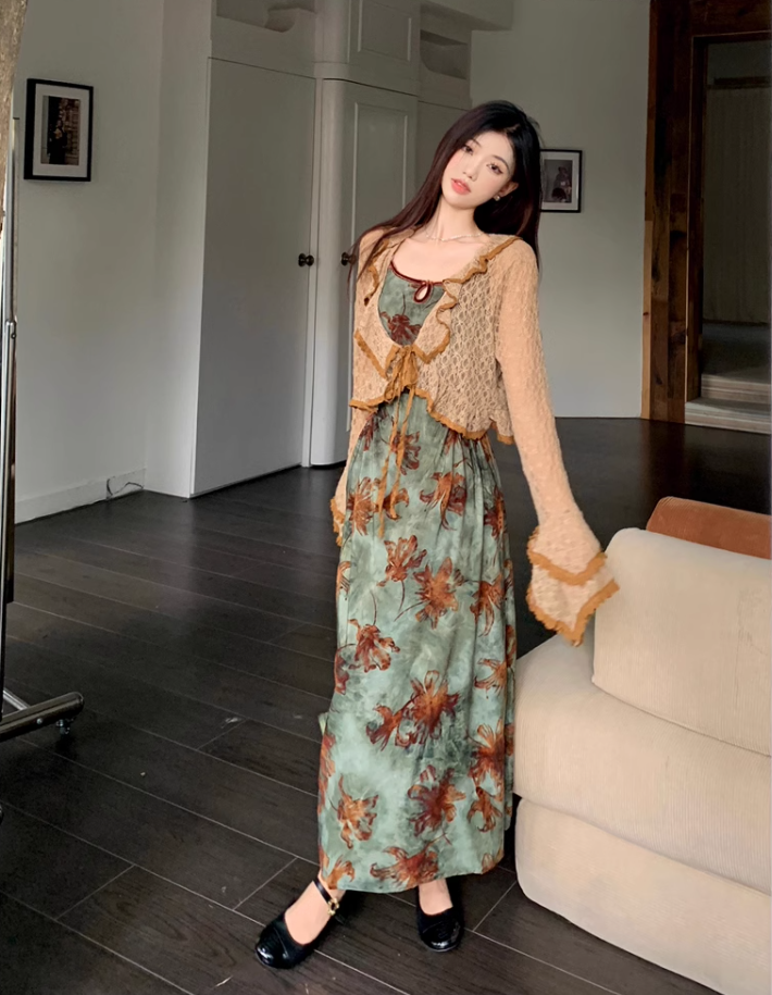 French style retro green printed dress with slim waist and suspenders long dress with lace cardigan R1695