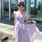 Purple square neck small flying sleeve suspender dress summer French style waist slim temperament skirt R4705