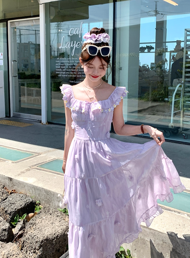 Purple square neck small flying sleeve suspender dress summer French style waist slim temperament skirt R4705