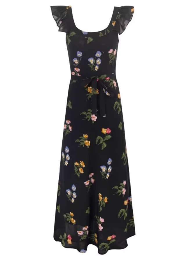 2025 summer new black floral waist slimming small flying sleeves holiday dress R0953