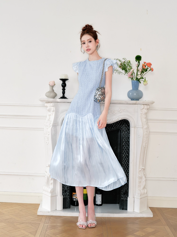 Light blue Princess sweet high waist flying sleeve long dress with Chanel style R4072