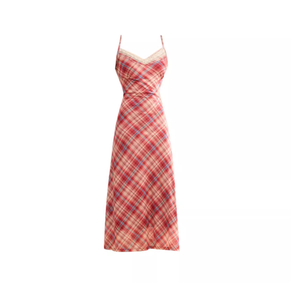 Tea break French plaid suspender dress 2025 new lace temperament long dress R0051