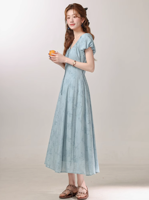 French style high-end blue floral dress summer new waist long dress R1919