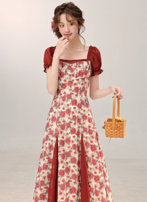 2025 summer new French retro red dress beautiful floral dress R1929