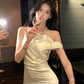 French style swing collar off-shoulder dress 2025 temperament satin fishtail high-end skirt R1479