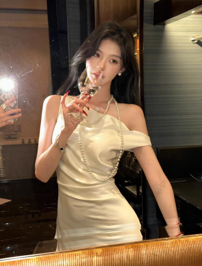 French style swing collar off-shoulder dress 2025 temperament satin fishtail high-end skirt R1479