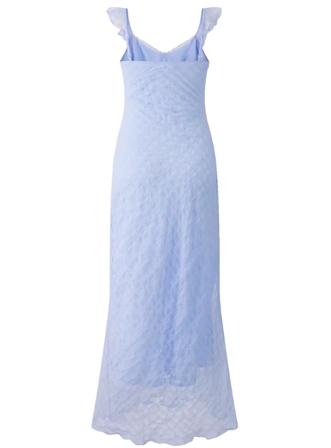 2025 Summer New Blue Mermaid Princess French Flying Sleeve Plaid Long Dress R0957