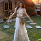 French fairy temperament holiday v-neck suspender dress lace blouse two-piece outfit R1735