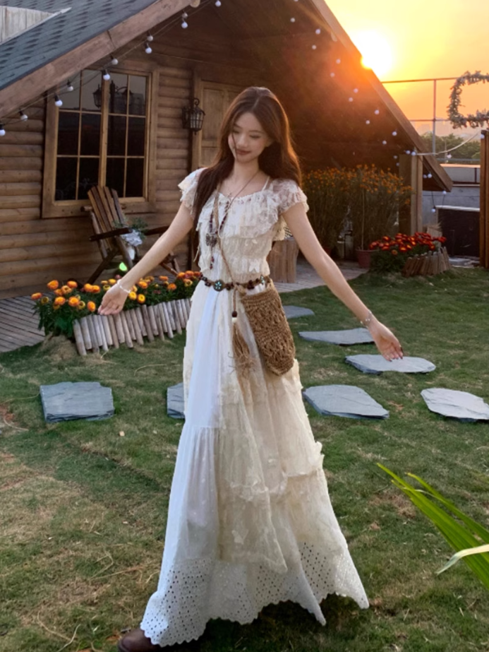 French fairy temperament holiday v-neck suspender dress lace blouse two-piece outfit R1735