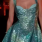 Green sequined suspenders low-cut sexy waist slim short skirt homecoming dress R3727