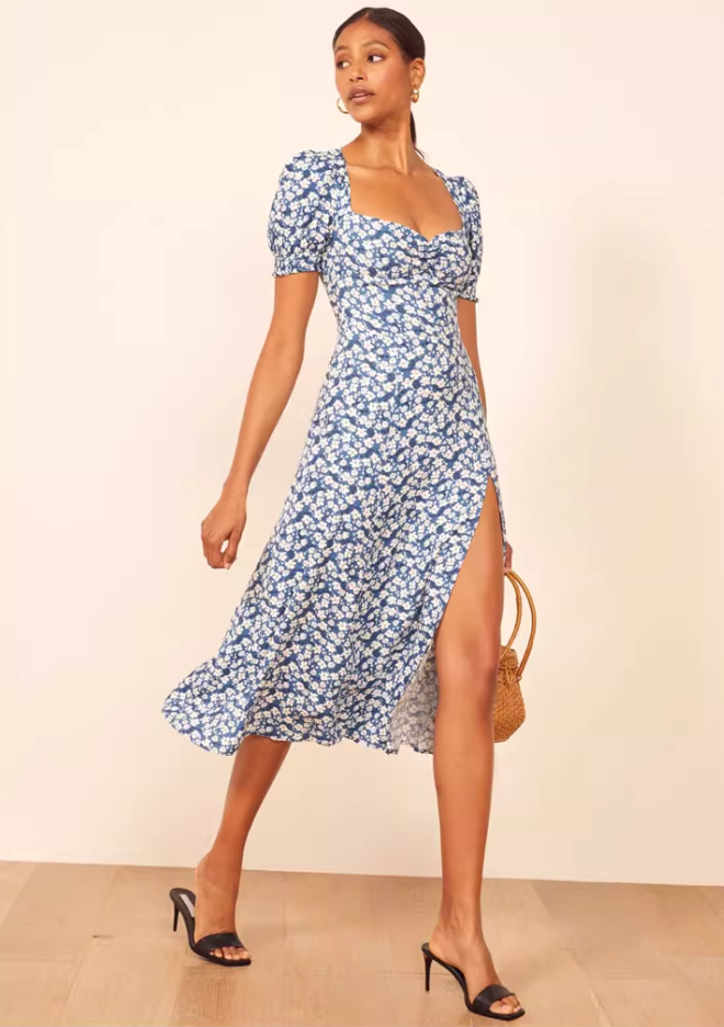 Summer square neck retro floral dress new French slit midi dress R2915