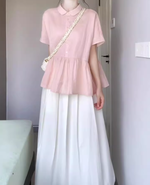 A set of beautiful pink short-sleeved shirt a-line skirt two-piece suit 2025 new R0846