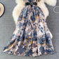 2025 socialite temperament ink painting print waist lapel single-breasted A-line big swing dress R0341
