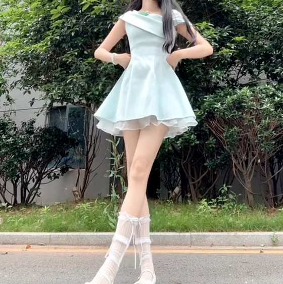 French style daughter off-shoulder dress women's summer 2025 new style puffy princess short skirt R3147