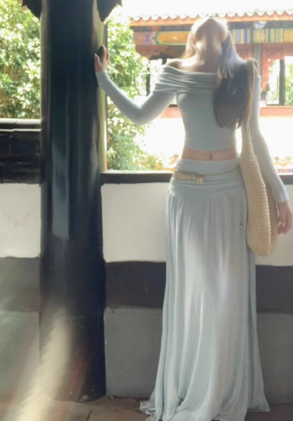 Early spring age-reducing outfit with one-shoulder long-sleeved T-shirt top and skirt, lazy style suit skirt R0248