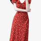 2025 Summer New Red Floral Tea Break Ruffled V-Neck French Waist Dress R0918