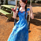 Blue tie-dye printed embroidered suspender dress summer French temperament skirt R4781