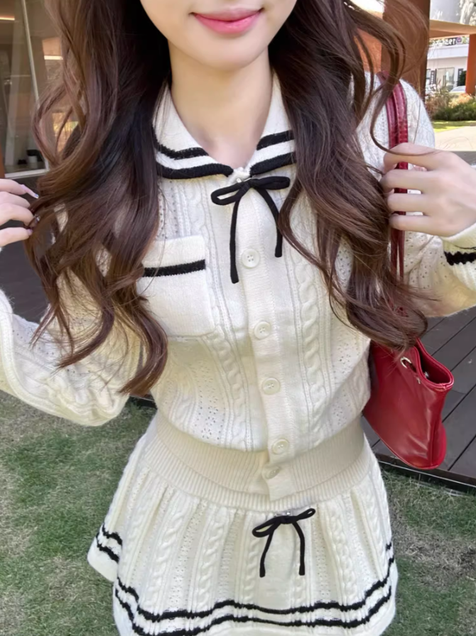 College style doll collar long-sleeved knitted cardigan 2025 contrast color A-line skirt suit R1292