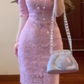 French style high-end purple lace dress sexy hot girl beautiful unique waist slim hip short skirt R0483