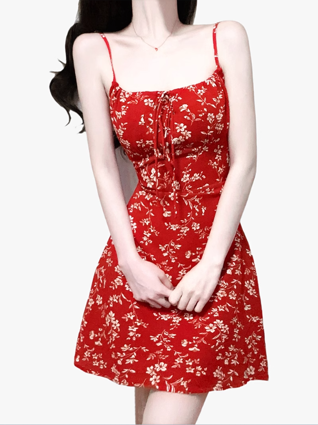 2025 Summer New Red Floral Waisted Seaside Vacation Short Suspender Dress R0950