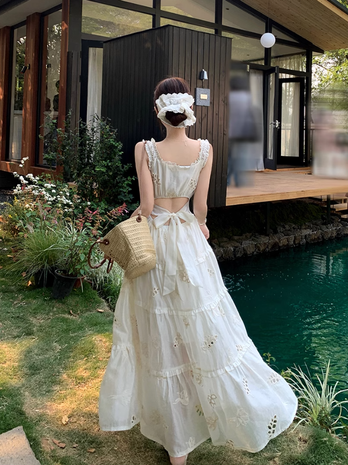 Fairy waist skirt travel photo shoot long skirt exposed waist suspender dress R1763