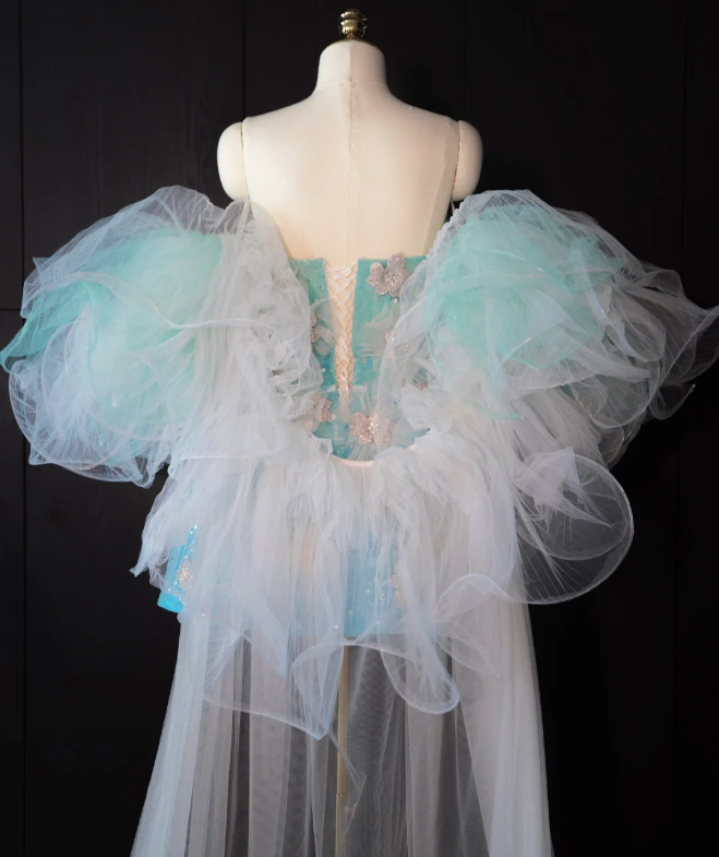 Lake blue gradient pink embroidered tube top waist slimming A-line short skirt homecoming dress R4163