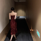 Retro wine red V-neck sequined glittering sling dress party holiday dress R1510