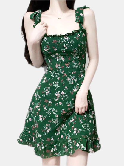 2025 Summer New Retro Green Floral Fungus Small A-line Suspender Dress R0926