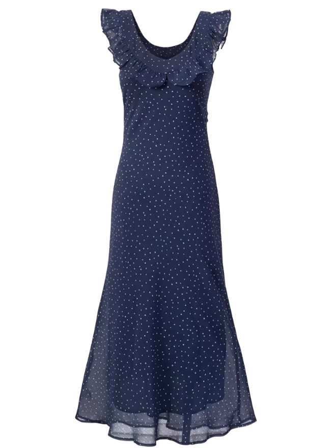 2025 Summer New Black Polka Dot Ruffled Small Flying Sleeve Midi Dress R0962