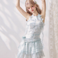 Mint Plaid Print Embroidered Ribbon Ruffle Halter Dress R5212