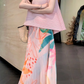 Fashion suit irregular pleats loose cover flesh thin sleeveless vest pleated printed skirt two-piece suit R1729